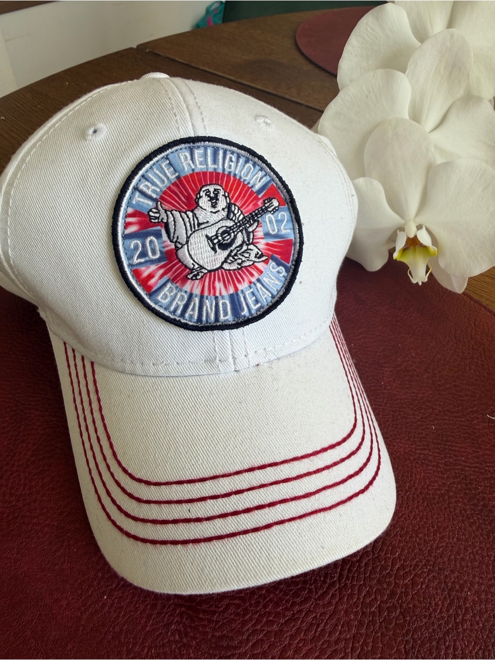 True Religion White and Gray Baseball Cap with Red Logo